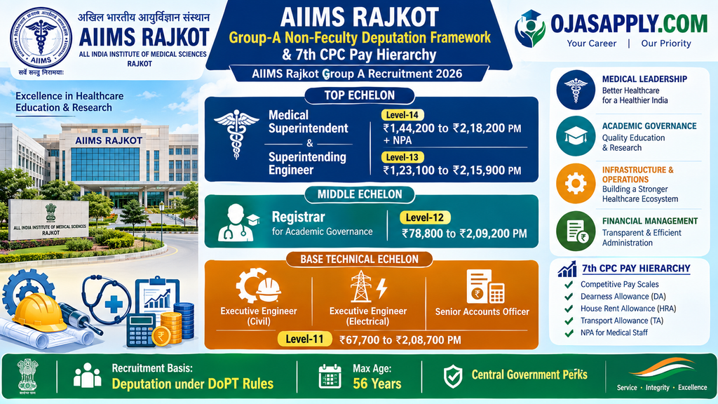 AIIMS Rajkot Group A Recruitment 2026 Medical Superintendent Superintending Engineer and Registrar Pay Scale Infographic