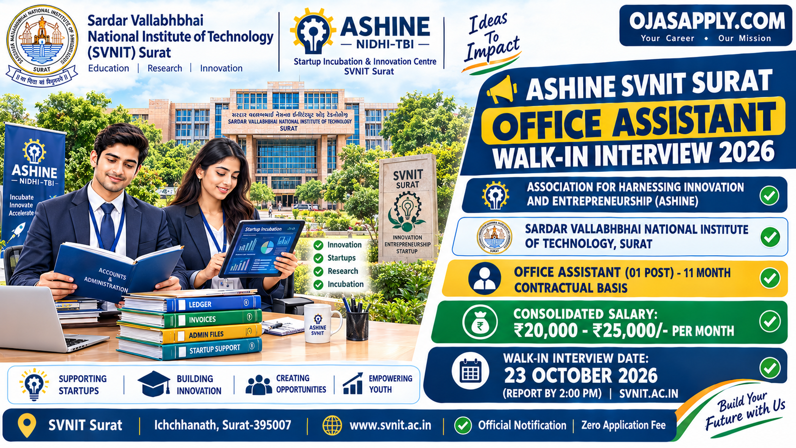 ASHINE SVNIT Surat Office Assistant Walk-in Interview 2026 Notification Banner