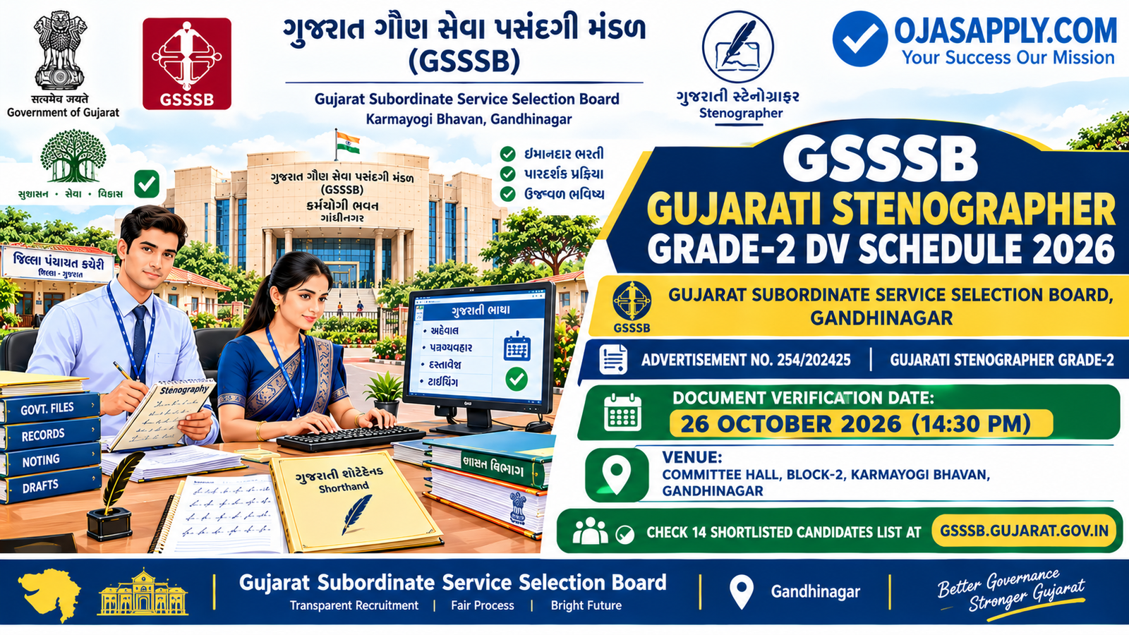 GSSSB Gujarati Stenographer Grade-2 Document Verification Schedule 2026 Notification Banner