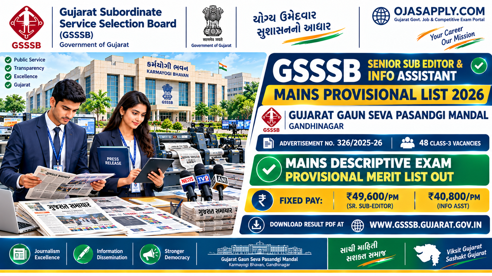 GSSSB Senior Sub Editor & Information Assistant Mains Provisional List 2026 Notification Banner
