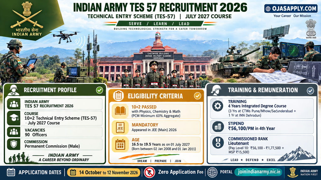 Indian Army TES 57 Recruitment 2026 Technical Entry Scheme 90 Posts Infographic