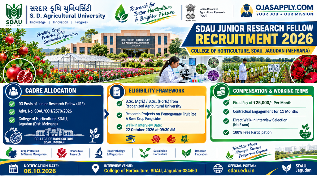 SDAU Junior Research Fellow Recruitment 2026 Salary 25000 Jagudan Walk In Infographic