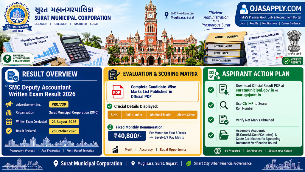 Surat Municipal Corporation SMC Deputy Accountant Written Exam Result 2026 Advt PRO/739 Infographic