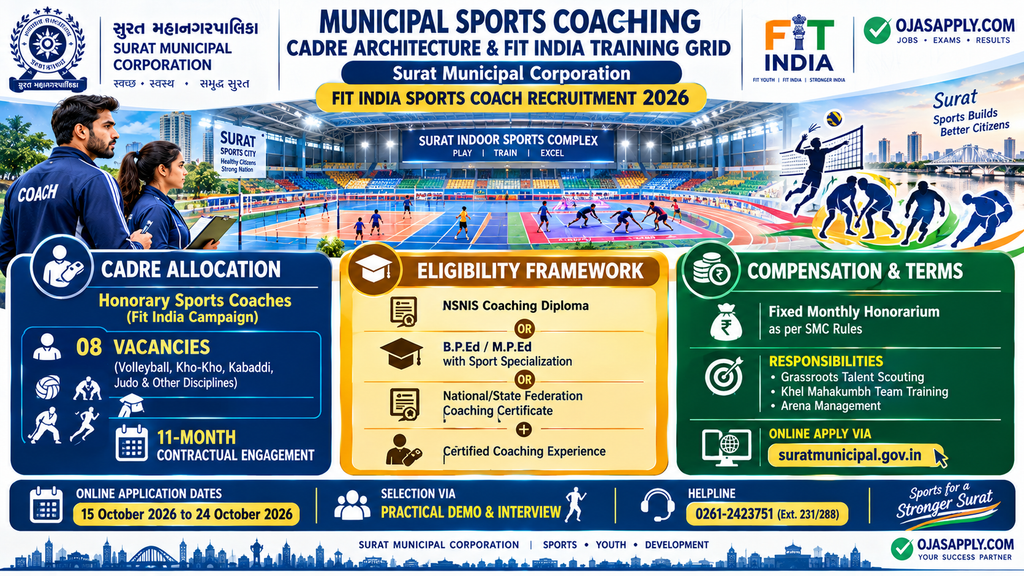 Surat Municipal Corporation Fit India Sports Coach Recruitment 2026 8 Posts Infographic